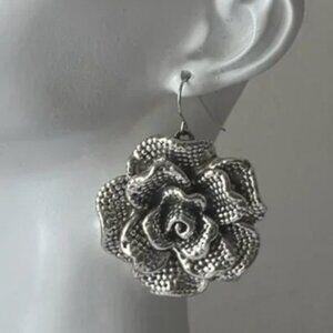 E&L Sterling Silver Rose Flower Electroform Earrings Israel 2 3/8"